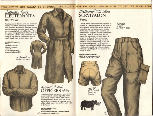 Banana Republic Catalog #15 Fall 1983 French Lieutenant's Raincoat, French Officer's Shirt, Survivalon Pants