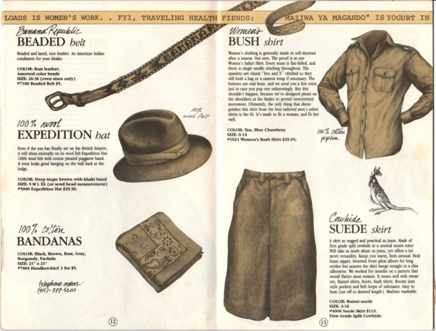 Banana Republic Catalog #15 Fall 1983 BR Beaded Belt, Expedition Hat, Bandanas, Women's Bush Shirt, Cowhide Suede Skirt